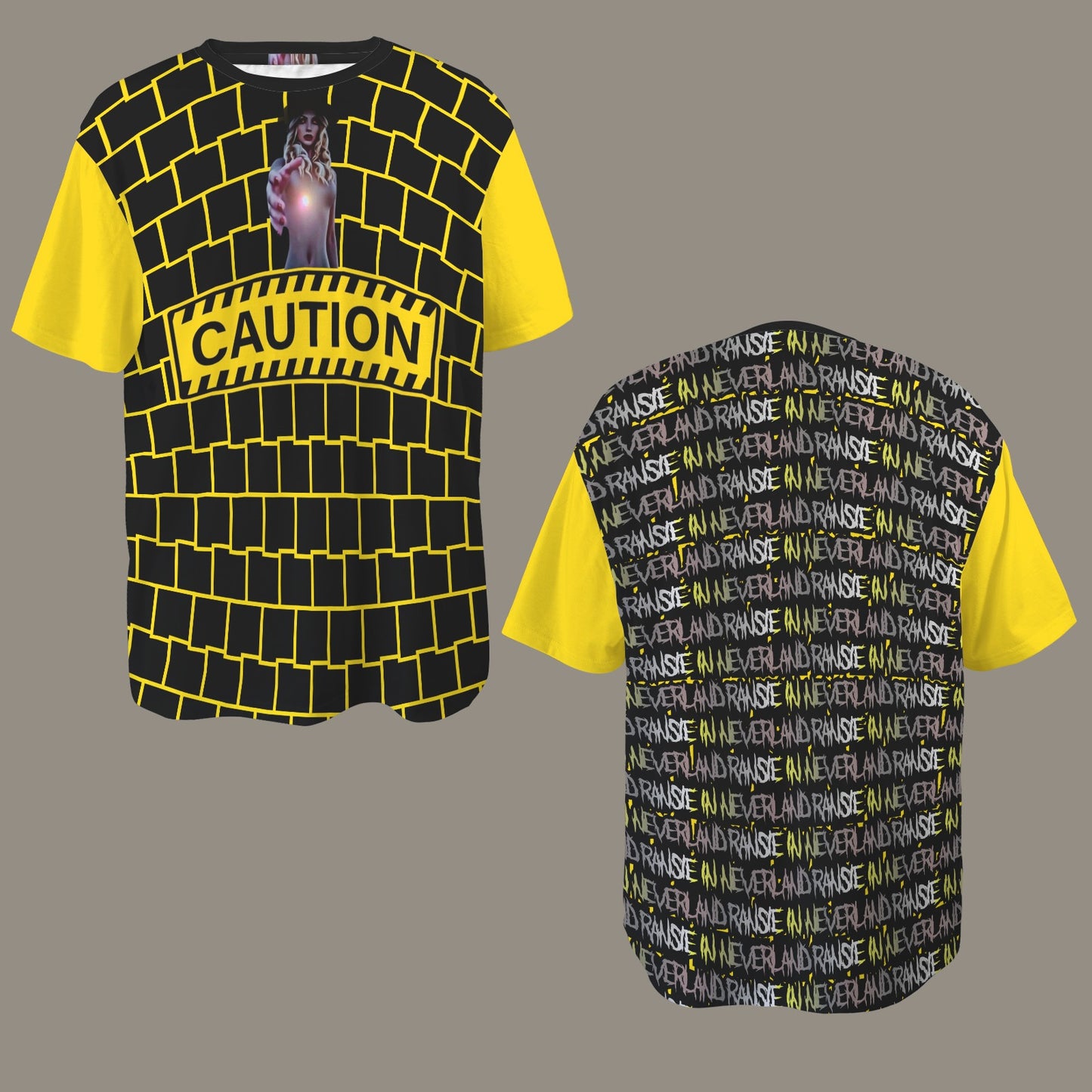RANSIE FIGURE CAUTION T-SHIRT- YELLOW SLEEVE