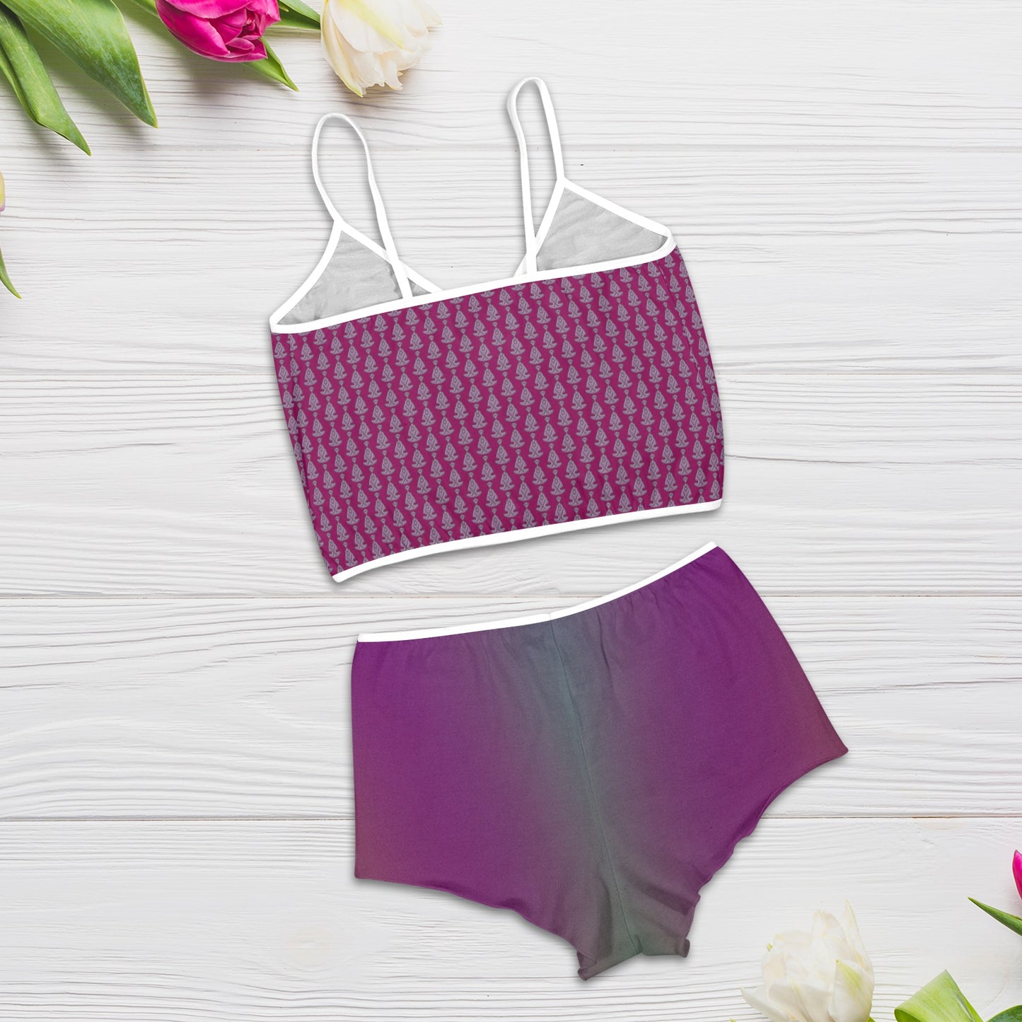 Buddha Purple Fading Floral Appliques Cami Top Shorts Pajama Set