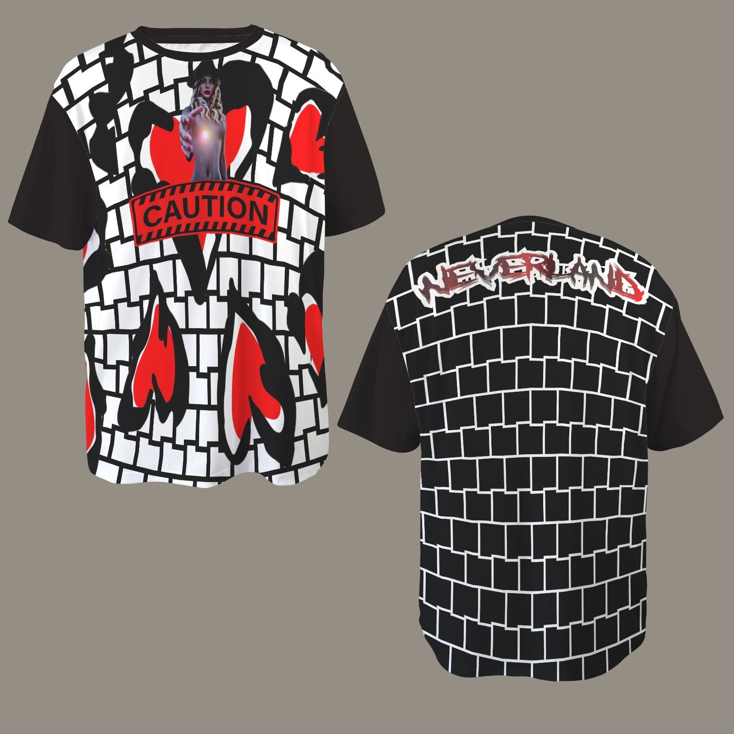 RANSIE FIGURE RED CAUTION T-SHIRT BLACK/WHITE - DISTRESSED NEVERLAND