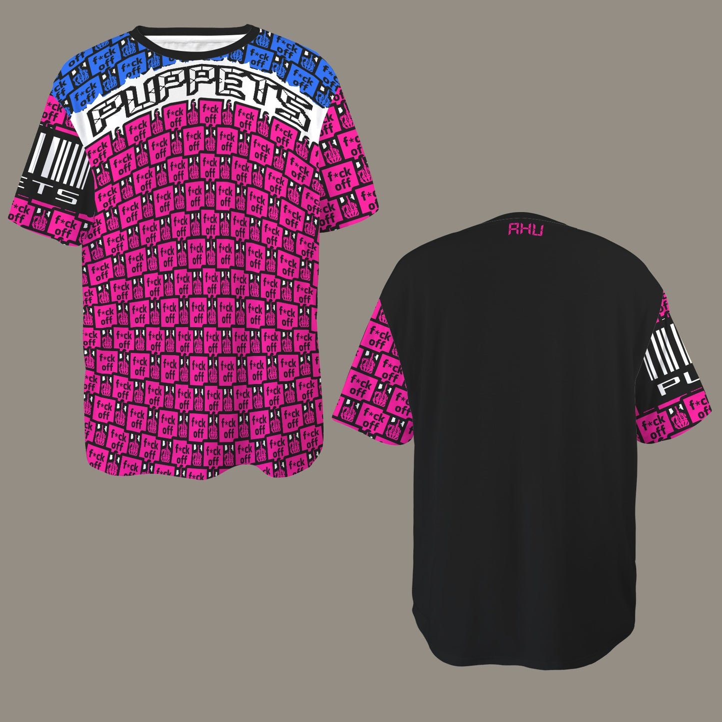 FUCK OFF PUPPETS PINK BLUE BLACK T-SHIRT BARCODE