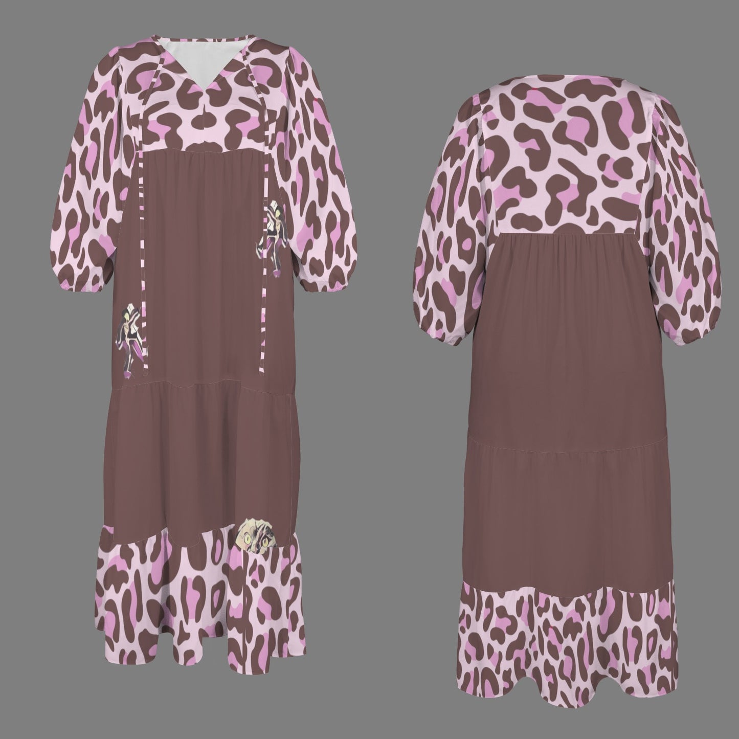 Caution Jimmy Cat Long Dress Leopard Brown Pink