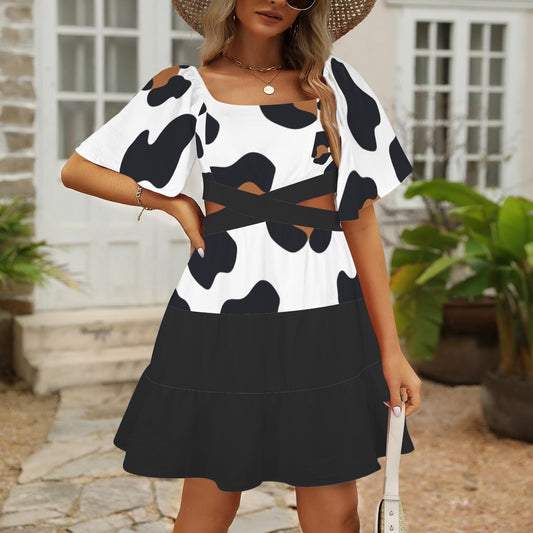 Cross Waist Dress Leopard Black White Brown