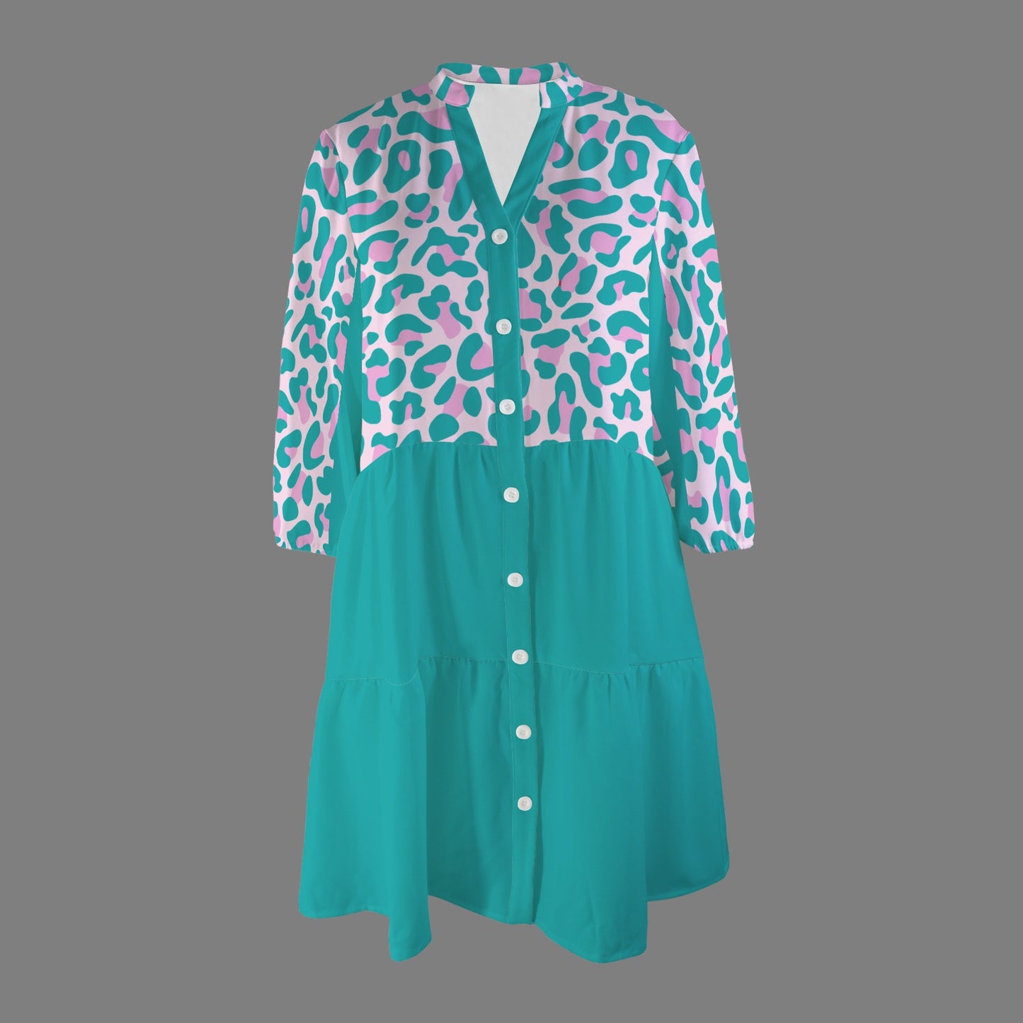 Pink Green Leopard Front Button Dress
