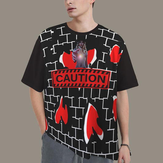 RANSIE FIGURE RED CAUTION T-SHIRT BLACK - DISTRESSED NEVERLAND