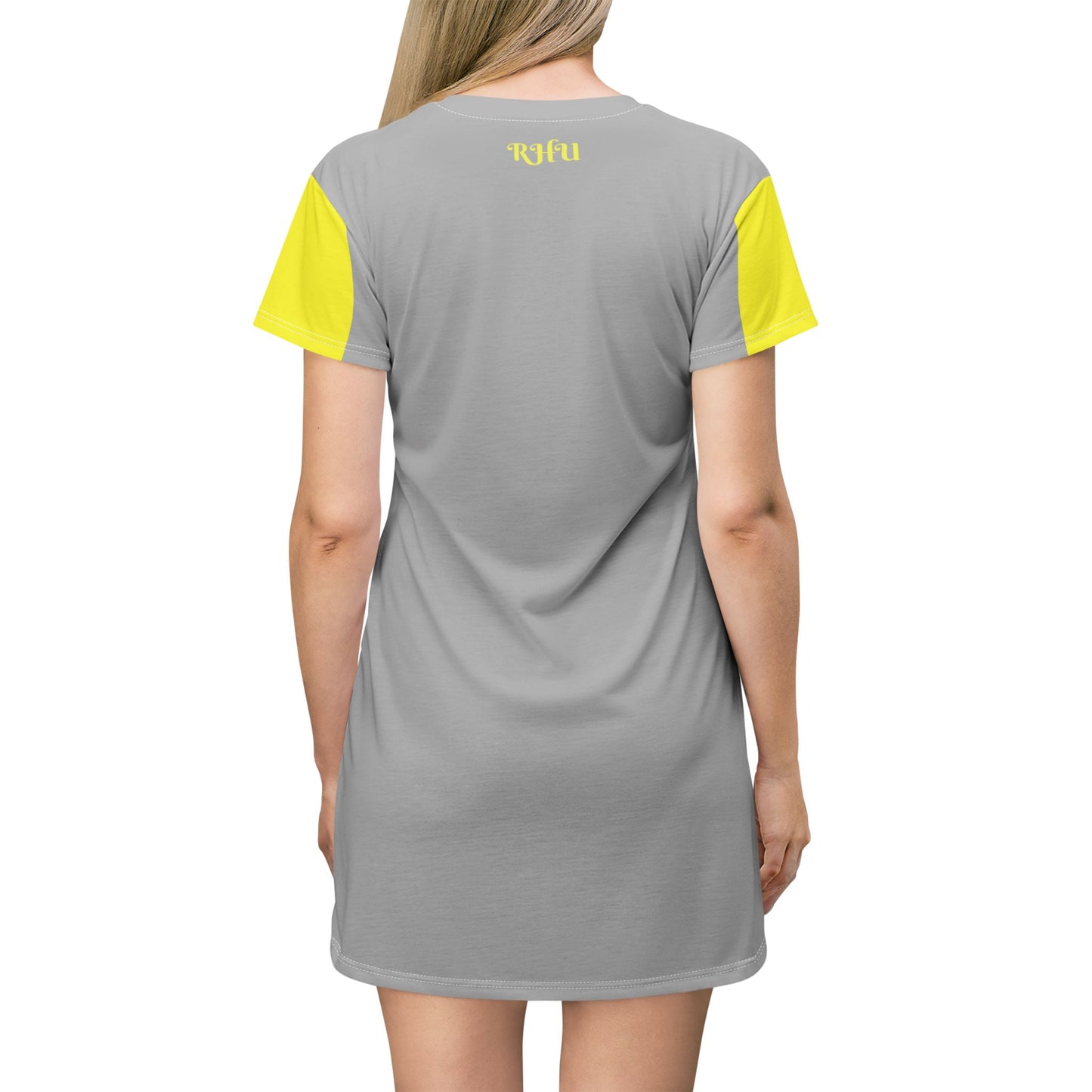 LINFA Chaos In The Heart T-Shirt Dress Light Grey Yellow Sleeves