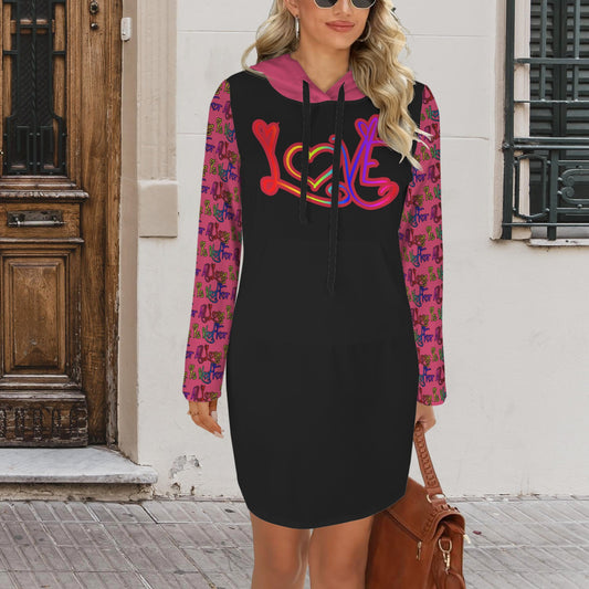 Love Is Not For All Pattern Hoodie Dress Magenta Black