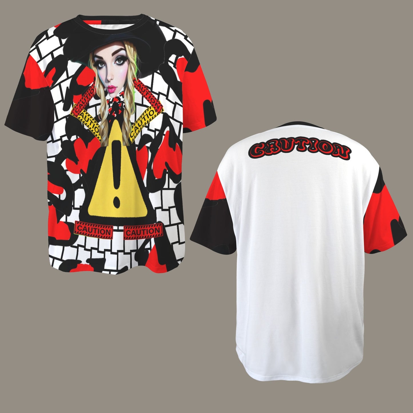 RANSIE CARTOON CAUTION WHITE BLACK WALL HEARTS T-SHIRT