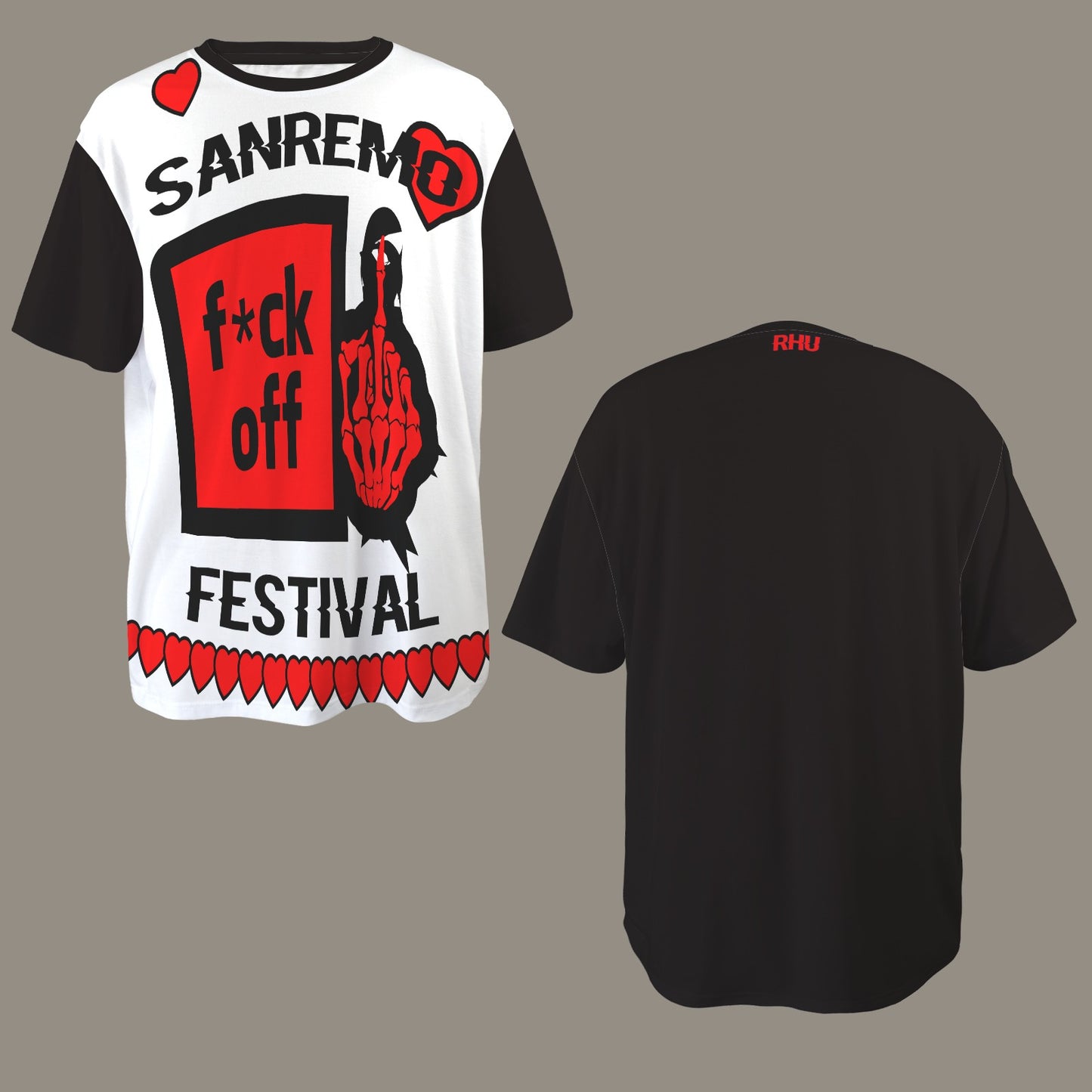 FUCK OFF HEARTS SANREMO FESTIVAL DISTRESSED T-SHIRT BLACK WHITE