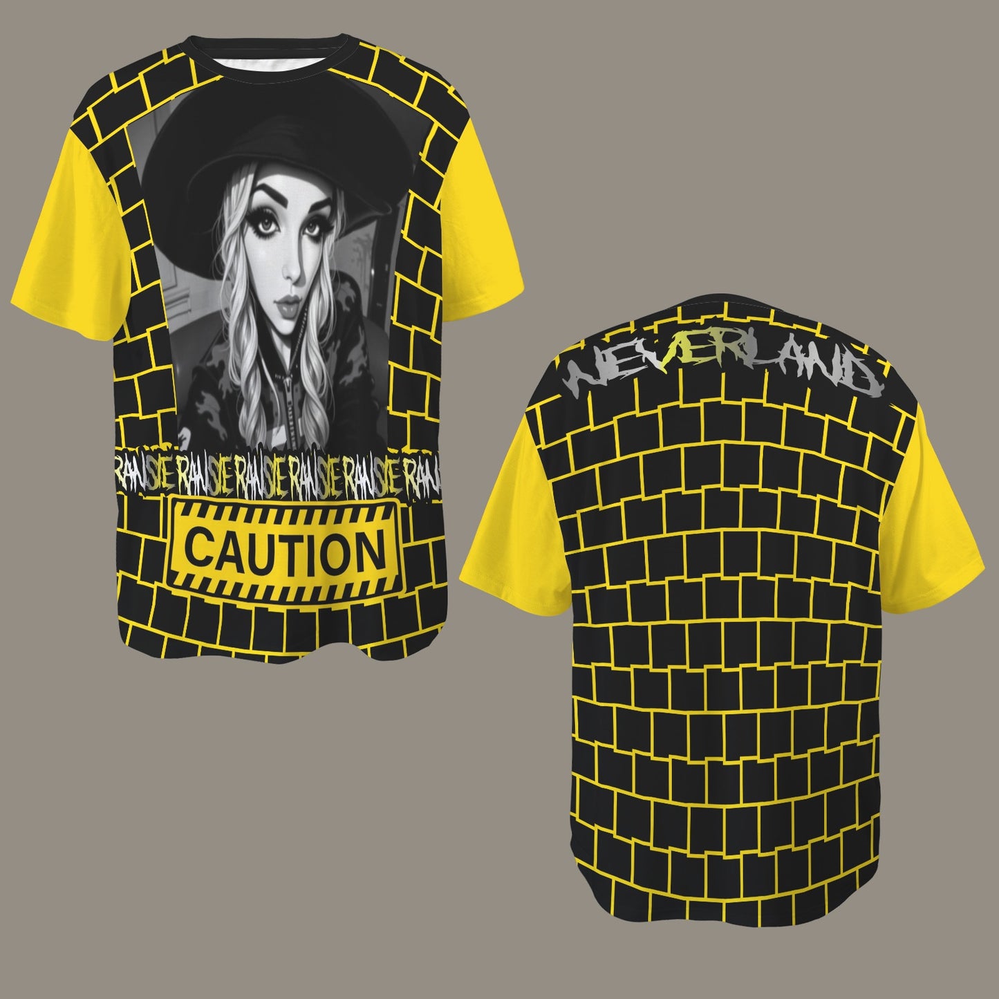 RANSIE CARTOON B/W CAUTION T-SHIRT - YELLOW DISTRESSED NEEVRLAND V2