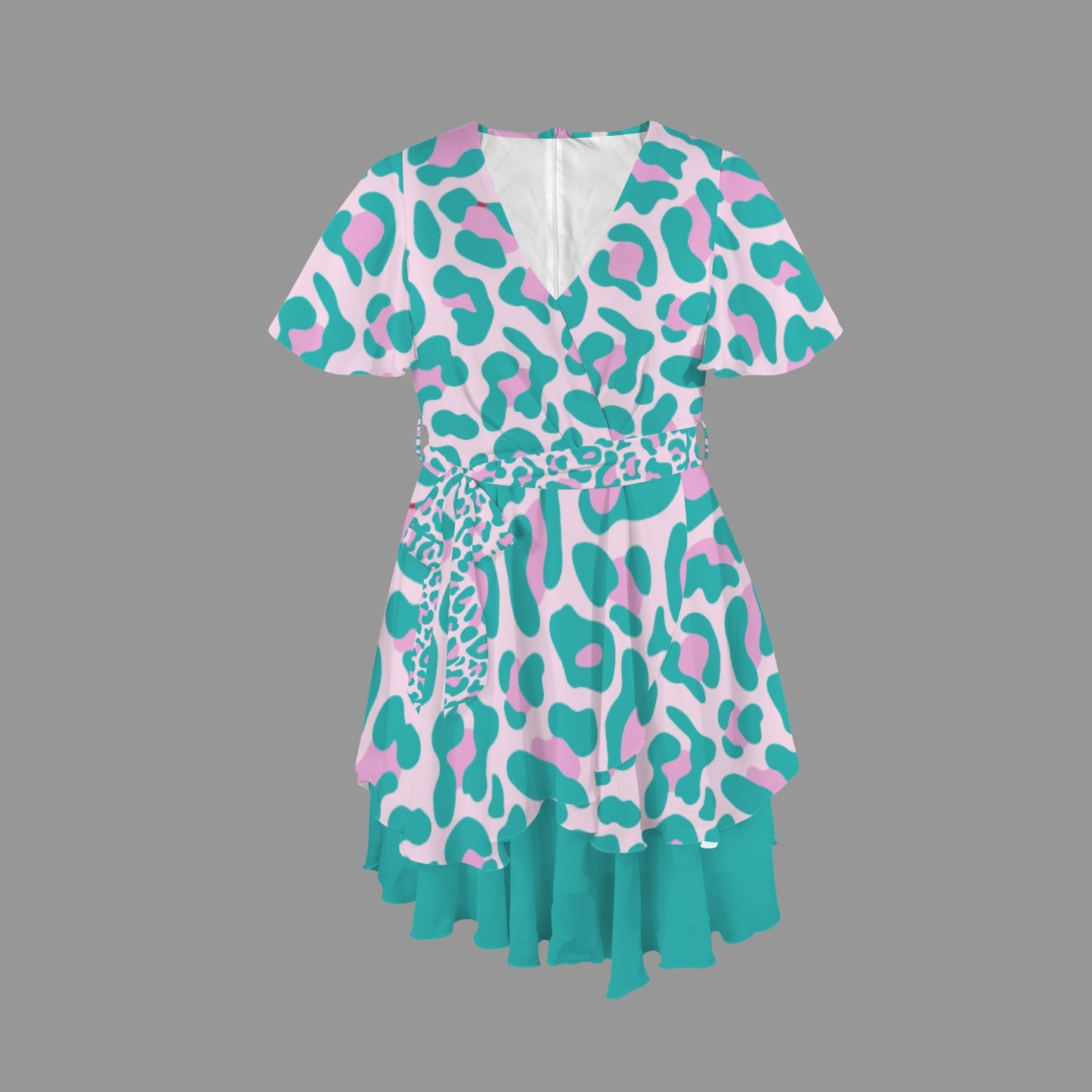 Leopard Tie V Neck Dress Torquoise Pink