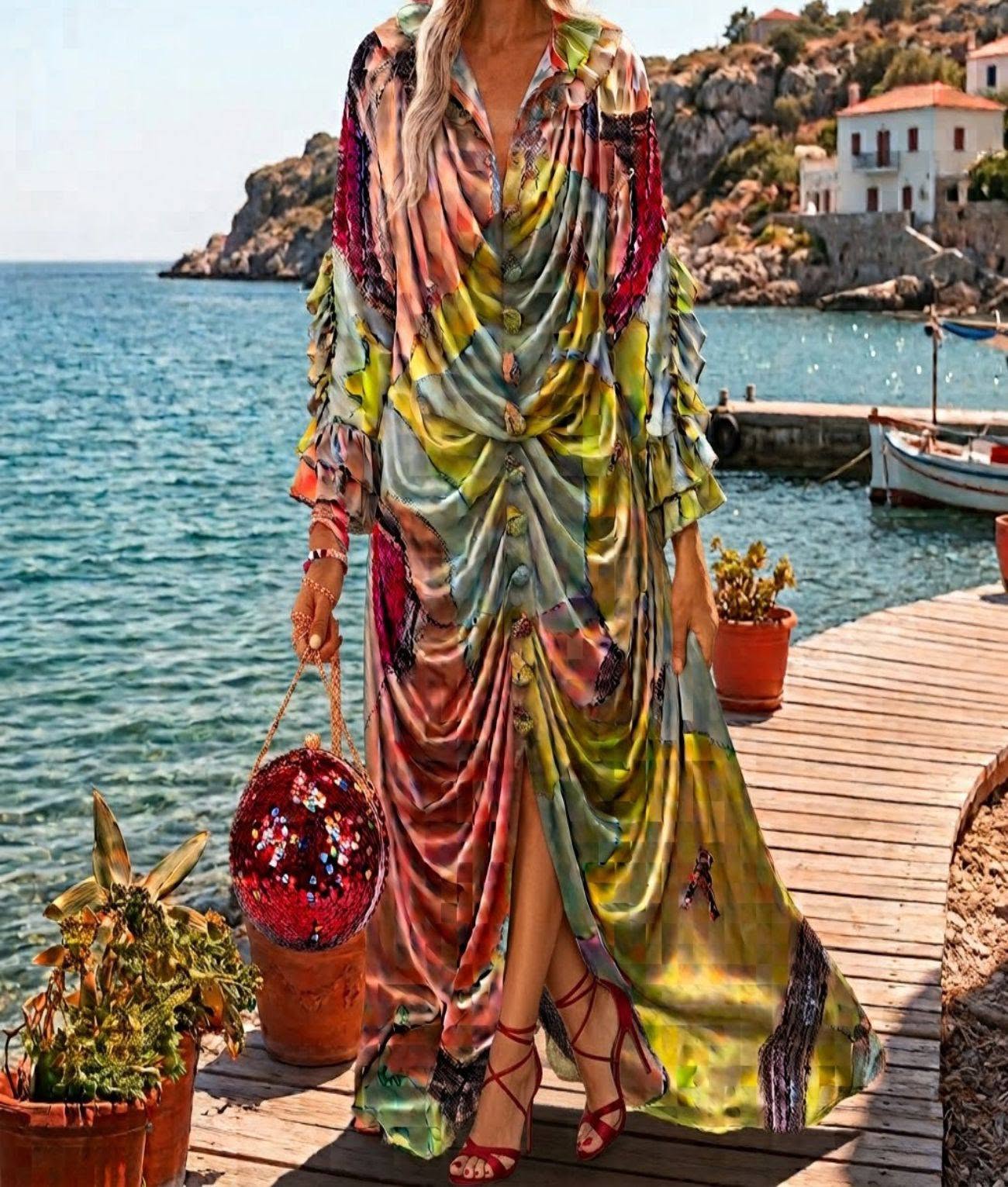 Long Summer Multicolor Dress in Silk Satin