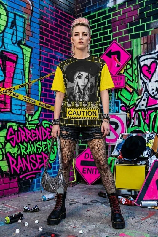 RANSIE CARTOON B/W CAUTION T-SHIRT - YELLOW DISTRESSED NEEVRLAND V2