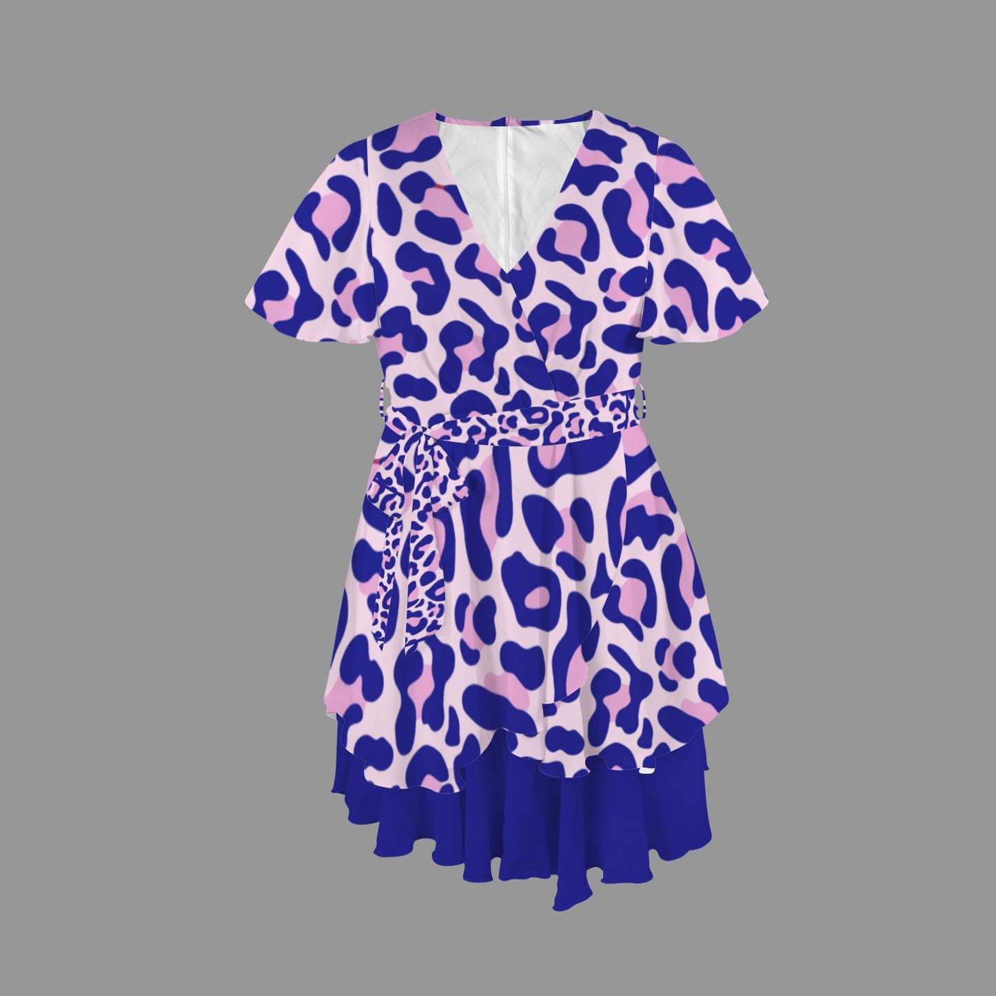 Leopard Tie V Neck Dress Blue Pink