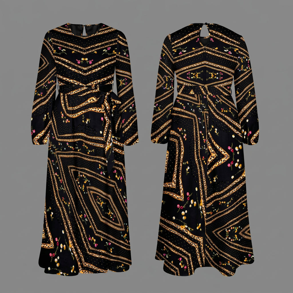 LeoFlowers Round Neck Long Sleeve Belted Maxi Dress