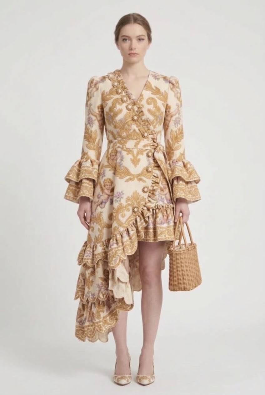Baroque Putti Asymmetrical Wrap-Style Mini-To-Midi Dress