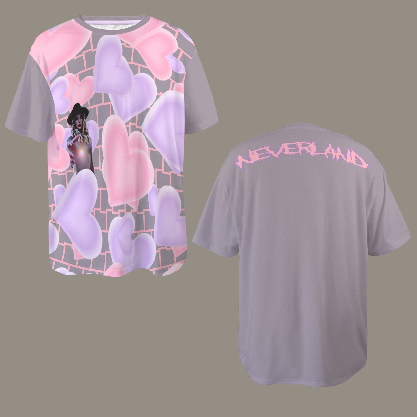 RANSIE FIGURE T-SHIRT -PINK/GREY WALL & HEARTS - GREY