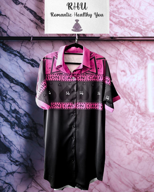 Pinky Caution Hearts T-Shirt Dress Lapel Buttons