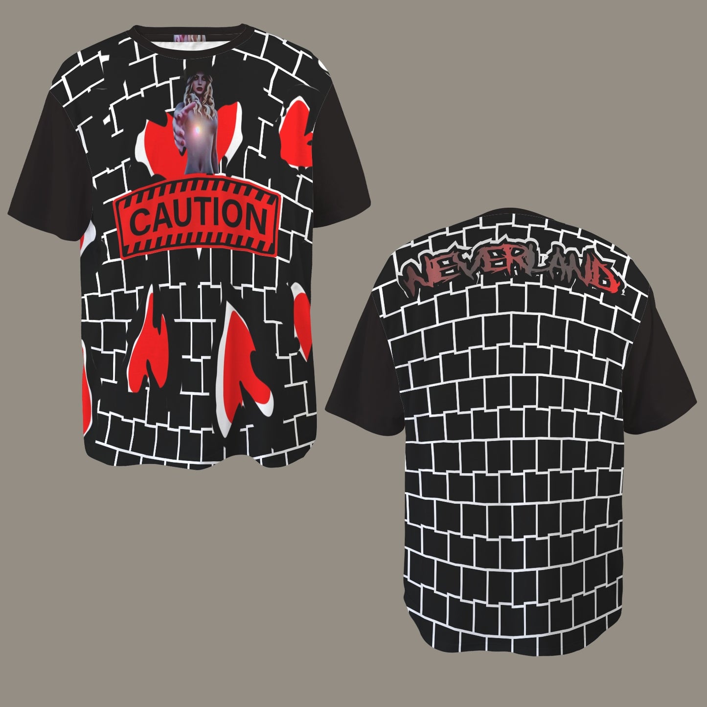 RANSIE FIGURE RED CAUTION T-SHIRT BLACK - DISTRESSED NEVERLAND