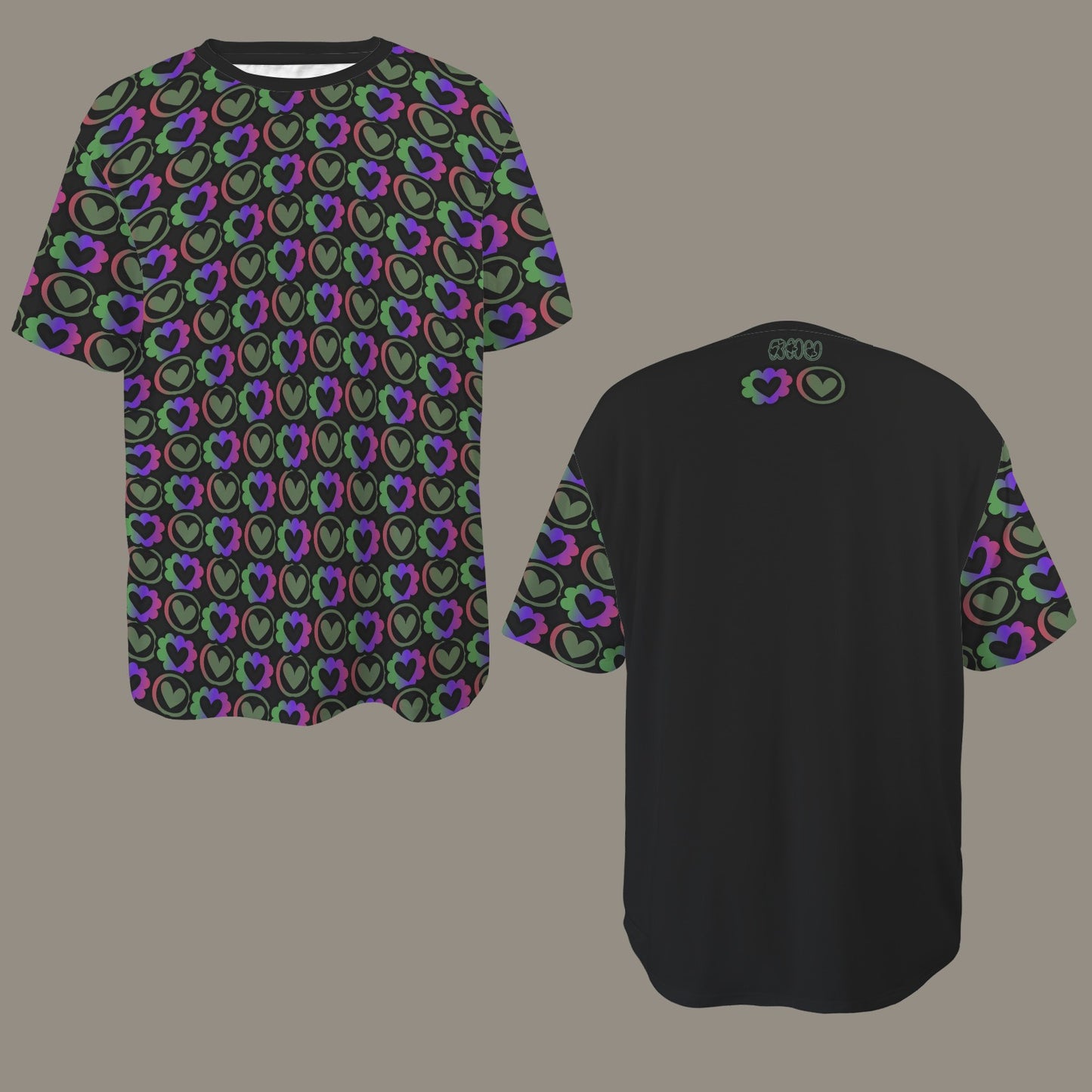 SE SON ROSE T-SHIRT BLACK - HEARTS GREEN BLUE PINK