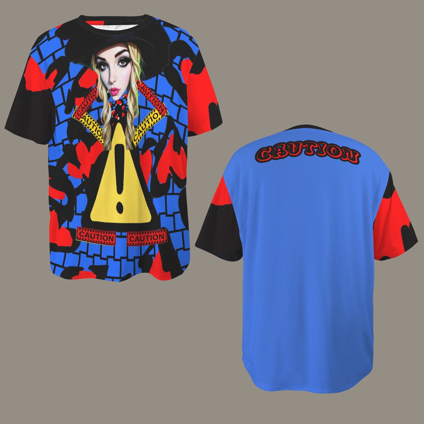 RANSIE CARTOON CAUTION BLUE BLACK WALL HEARTS T-SHIRT - Caution