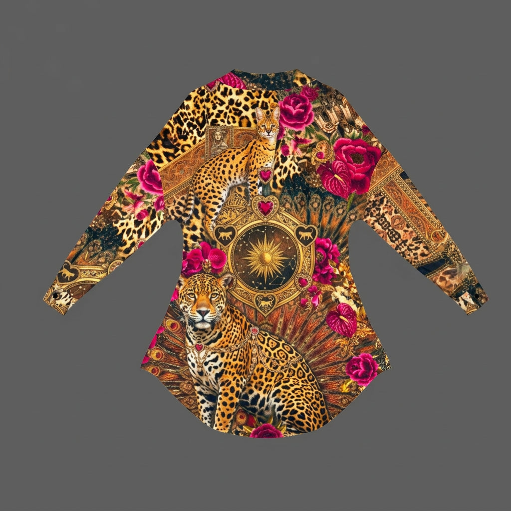 Opulent Leopard Long Sleeve Pleated Wastline Shirt Dress