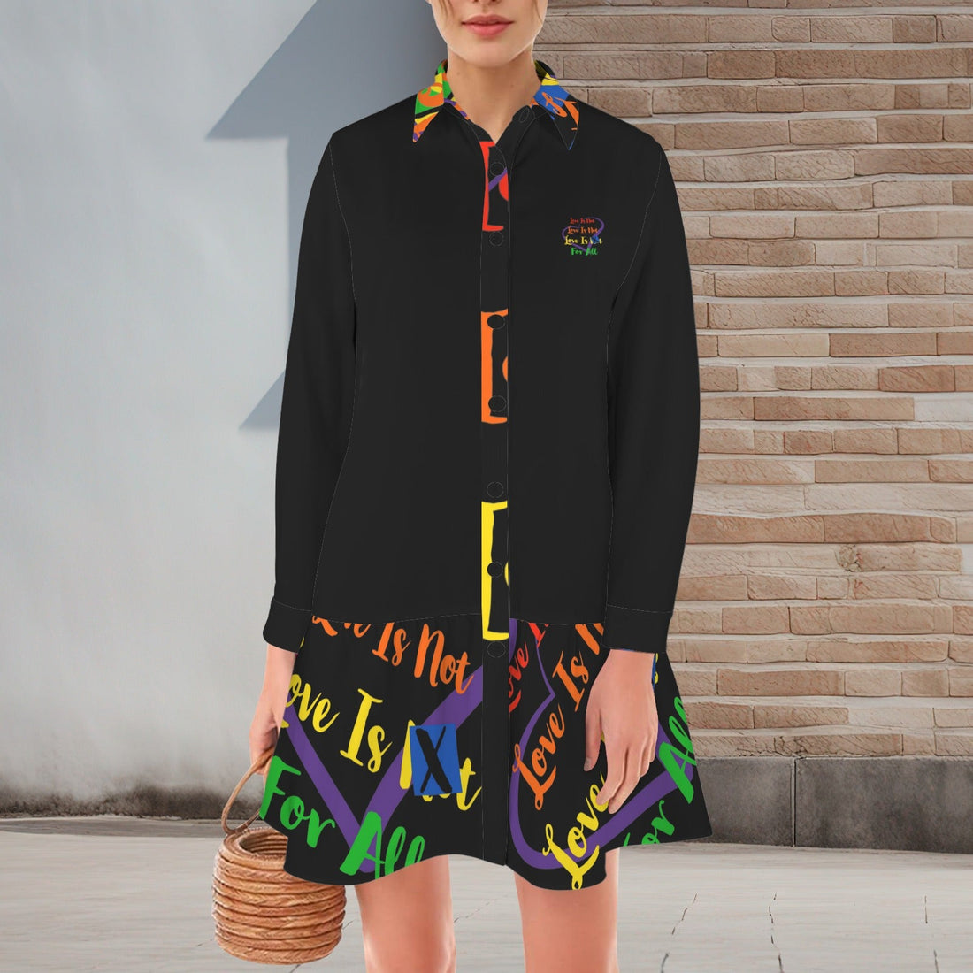 LINFA Lapel Collar T-Shirt Dress Black