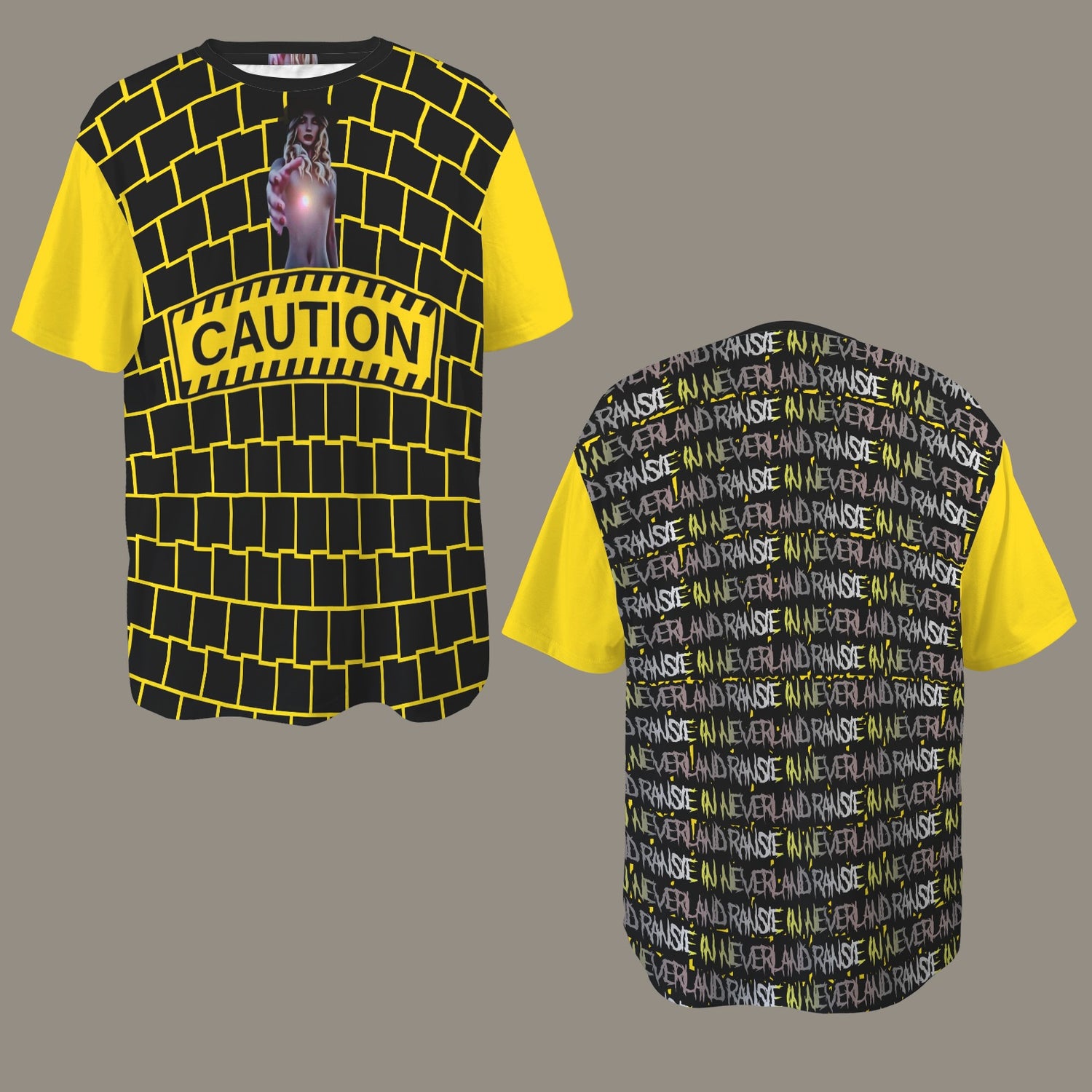RANSIE FIGURE CAUTION T-SHIRT- YELLOW SLEEVE