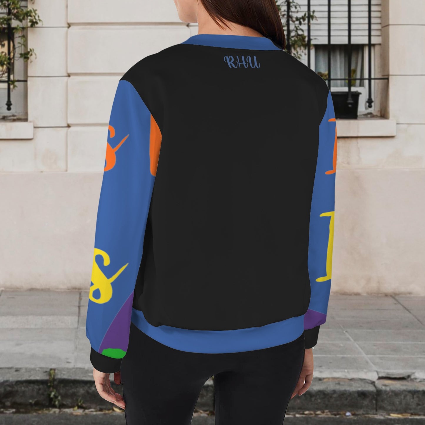 LINFA Bomber Jacket Print Front - Black Zip Blue Sleeve