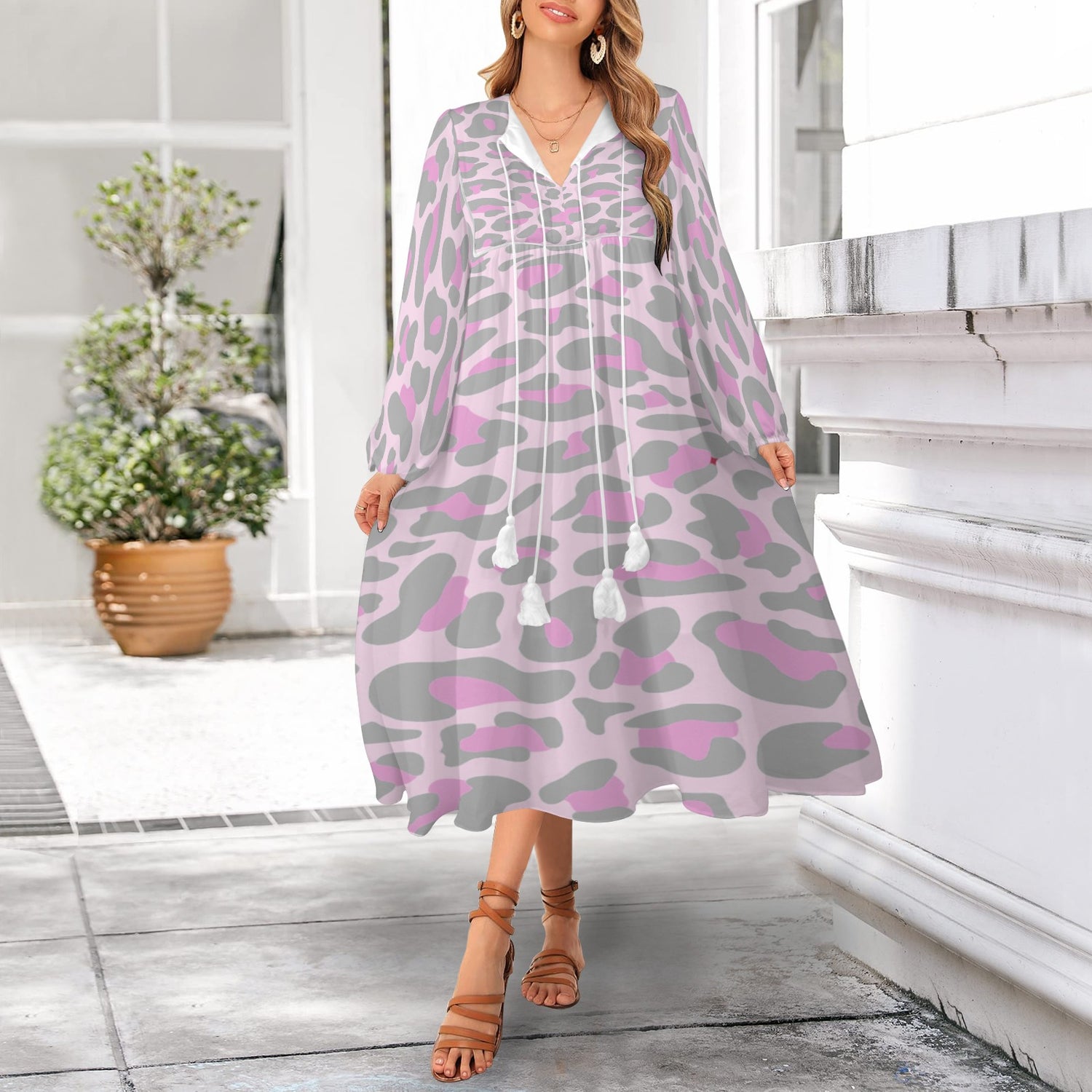 Grey Pink Leopard Long Dress