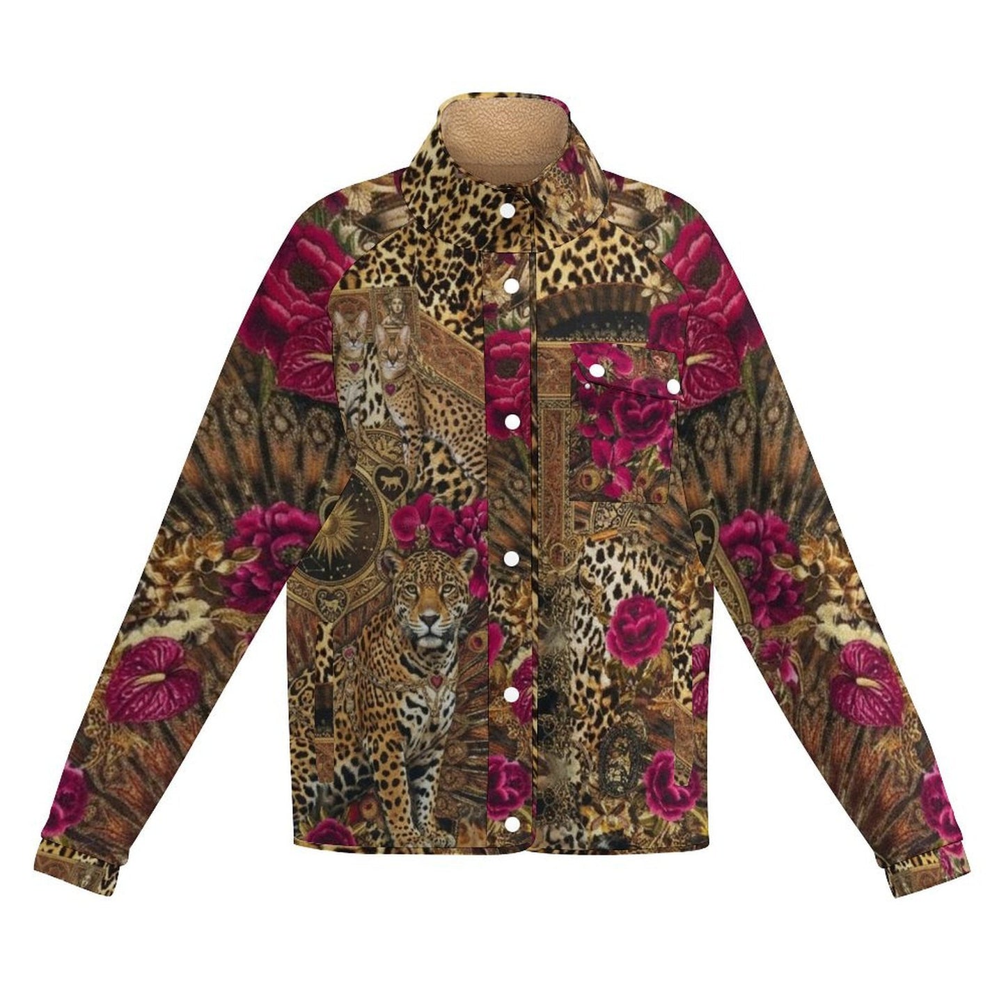 All Over Print Women's Casual Fleece-Lined Button-Up Jacket with Chest Pocket