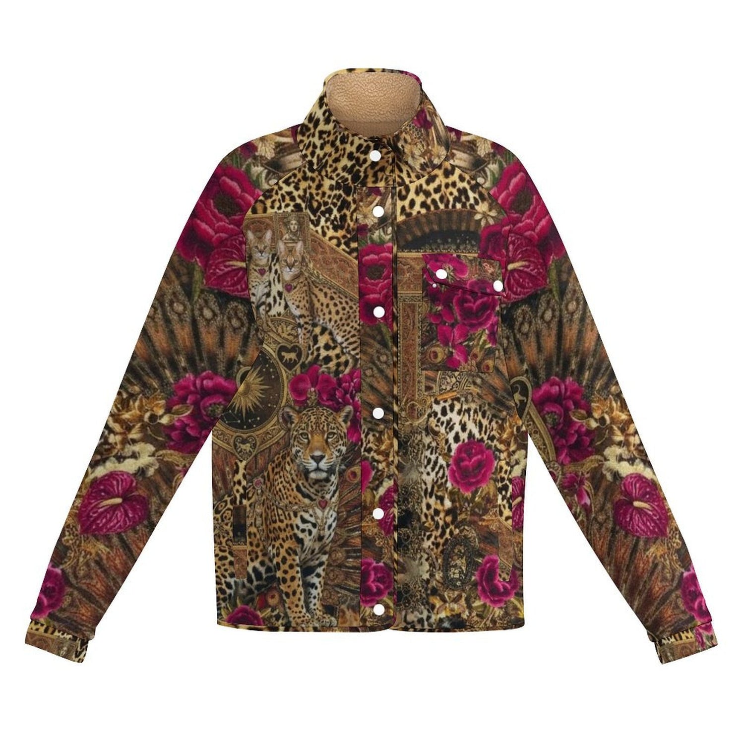 All Over Print Women's Casual Fleece-Lined Button-Up Jacket with Chest Pocket
