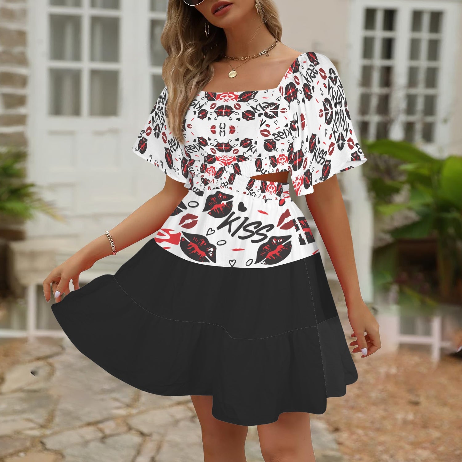 Cross Waist Dress Mouths White Black