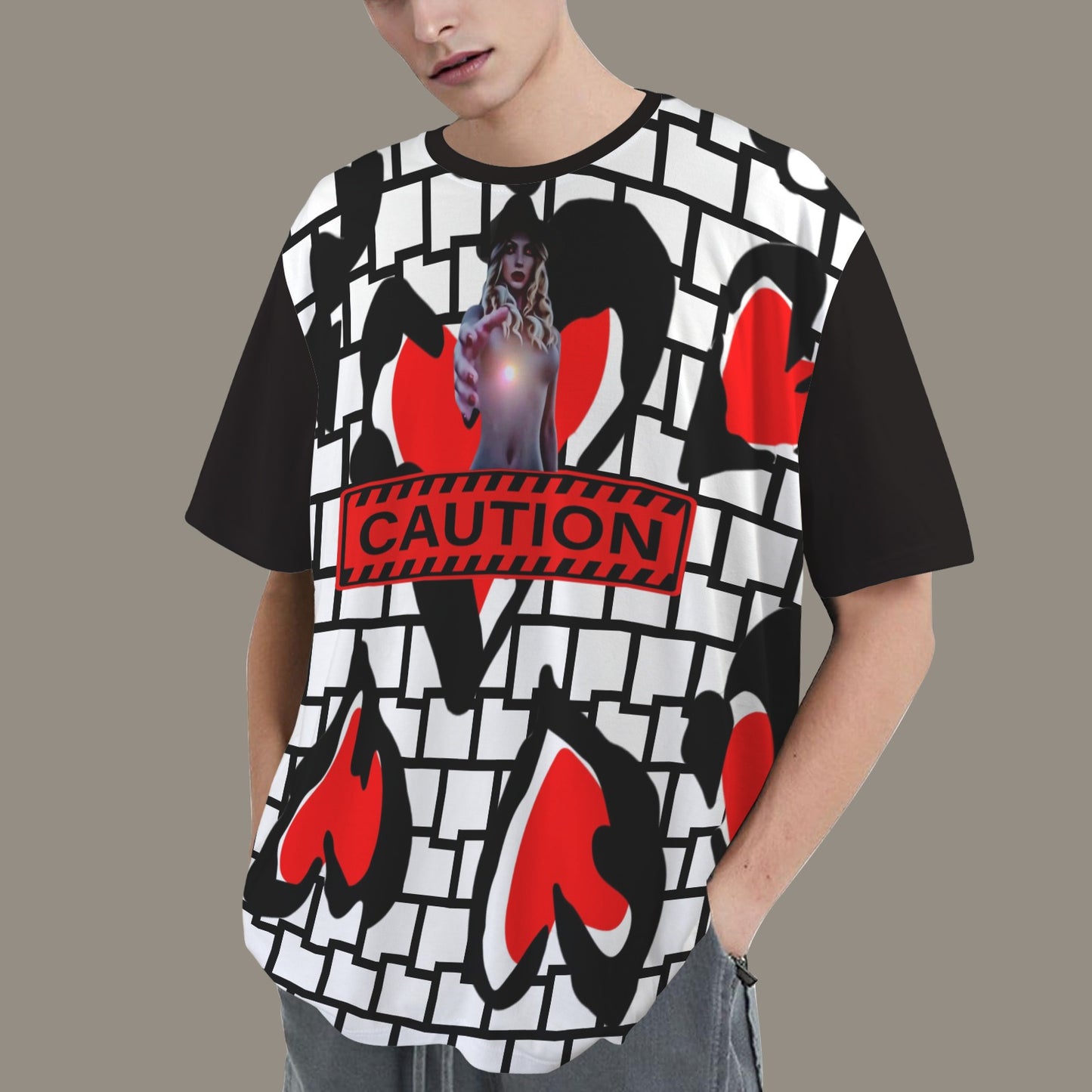 RANSIE FIGURE RED CAUTION T-SHIRT BLACK/WHITE  - DISTRESSED NEVERLAND