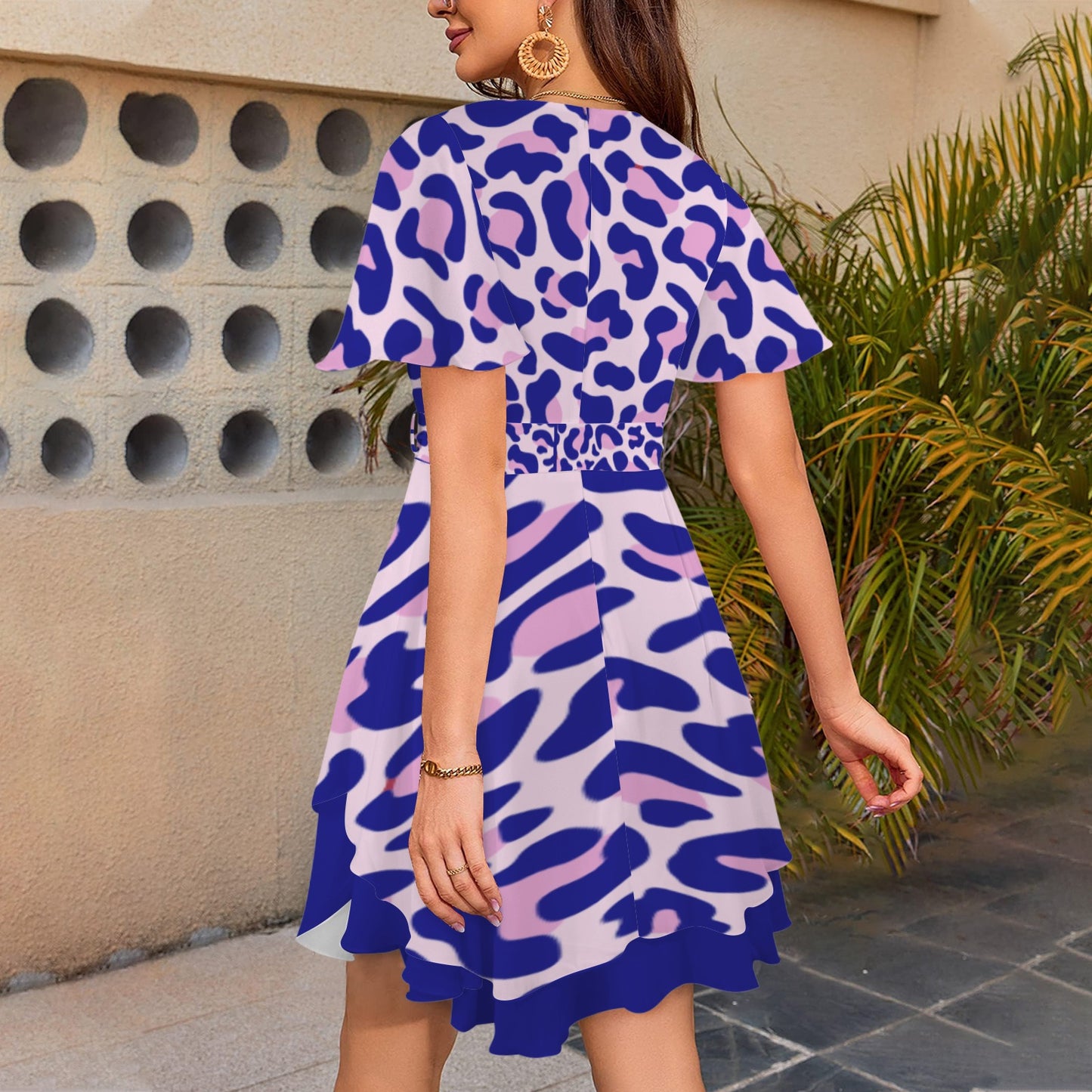 Leopard Tie V Neck Dress Blue Pink