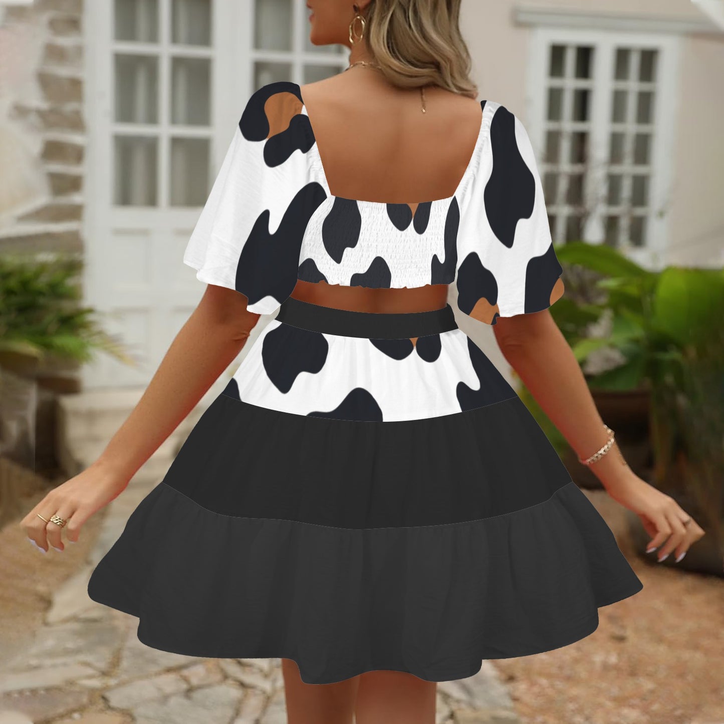 Cross Waist Dress Leopard Black White Brown