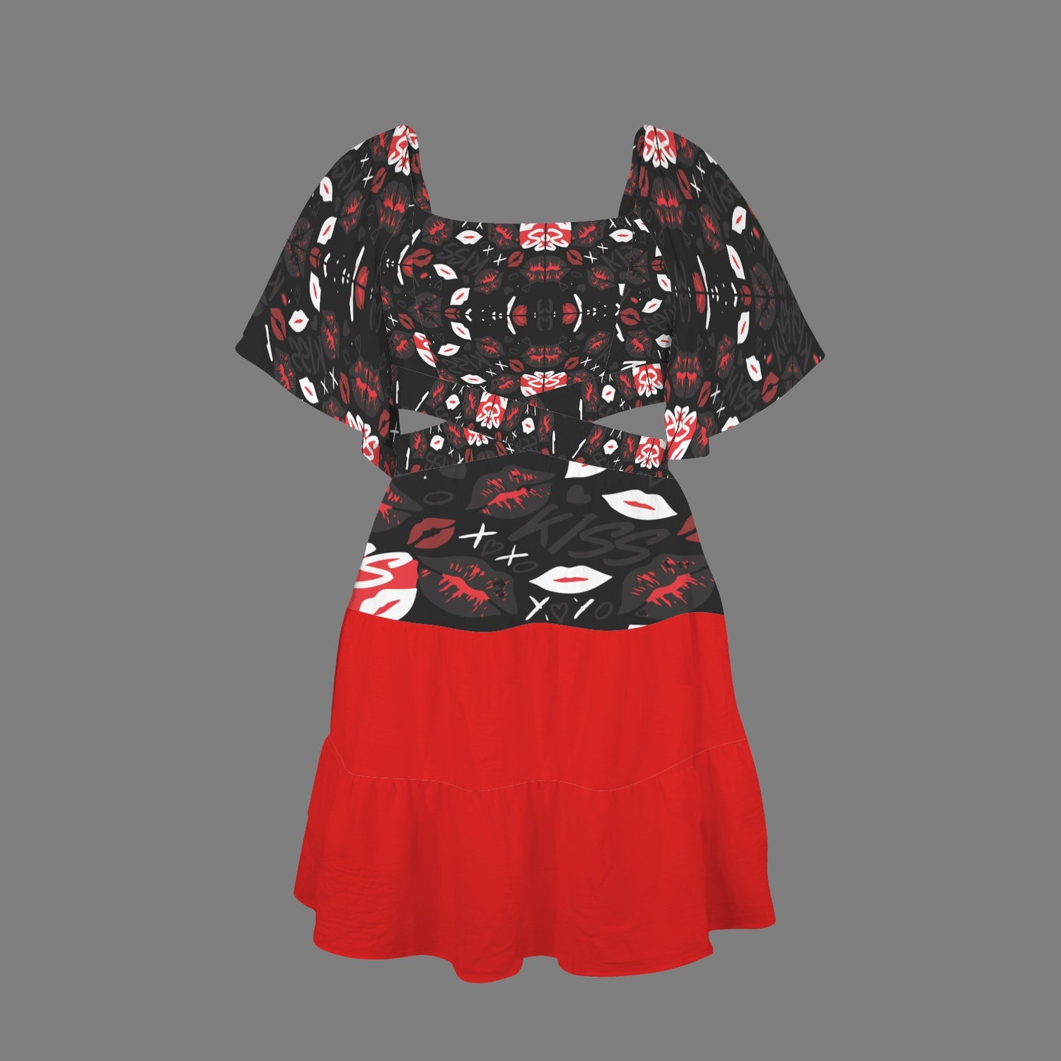 Cross Waist Dress Mouths Black Red