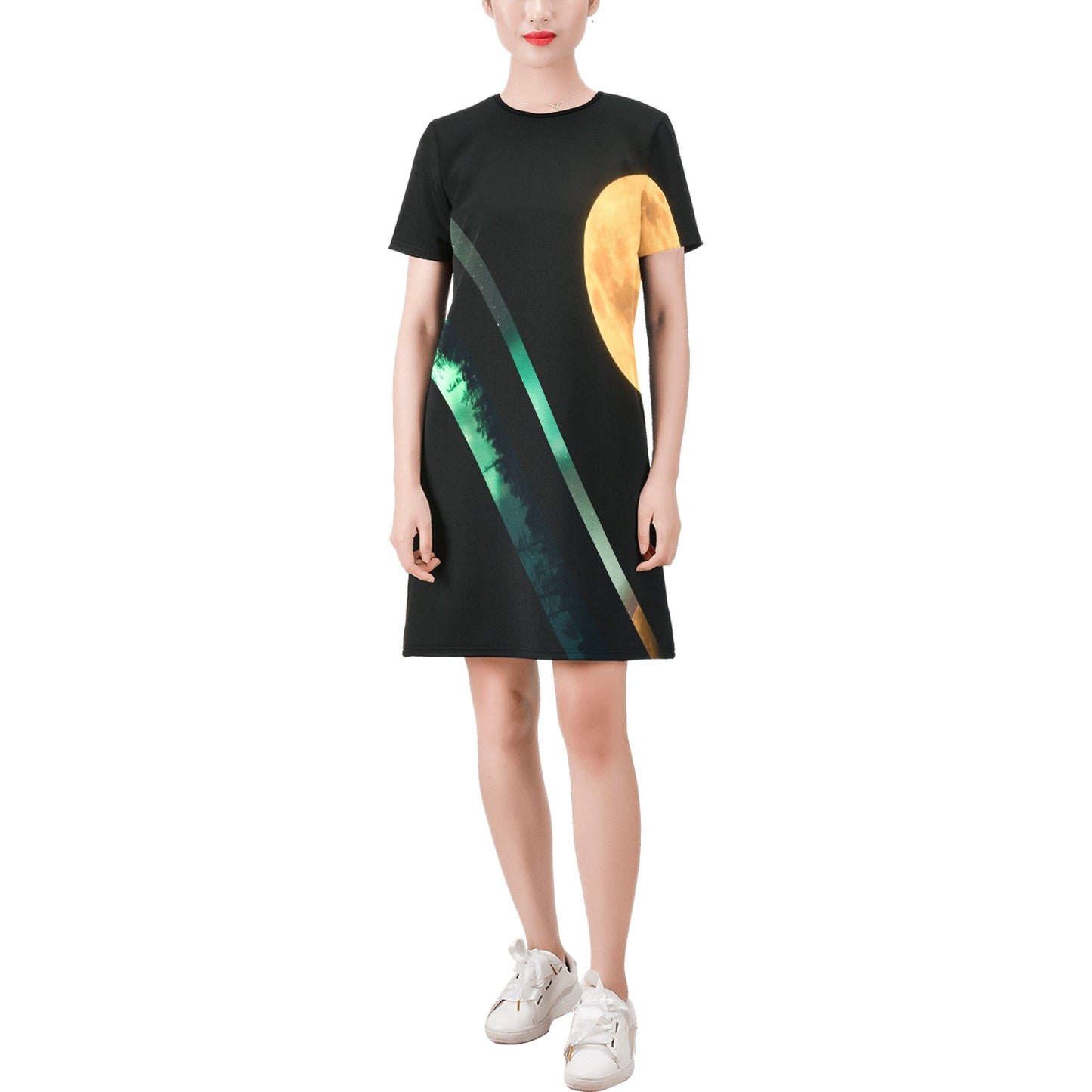 Moon Black Green Sky Stripes  A-Line Dress Short-Sleeve Round Neck A-Line Dress (Model D47)