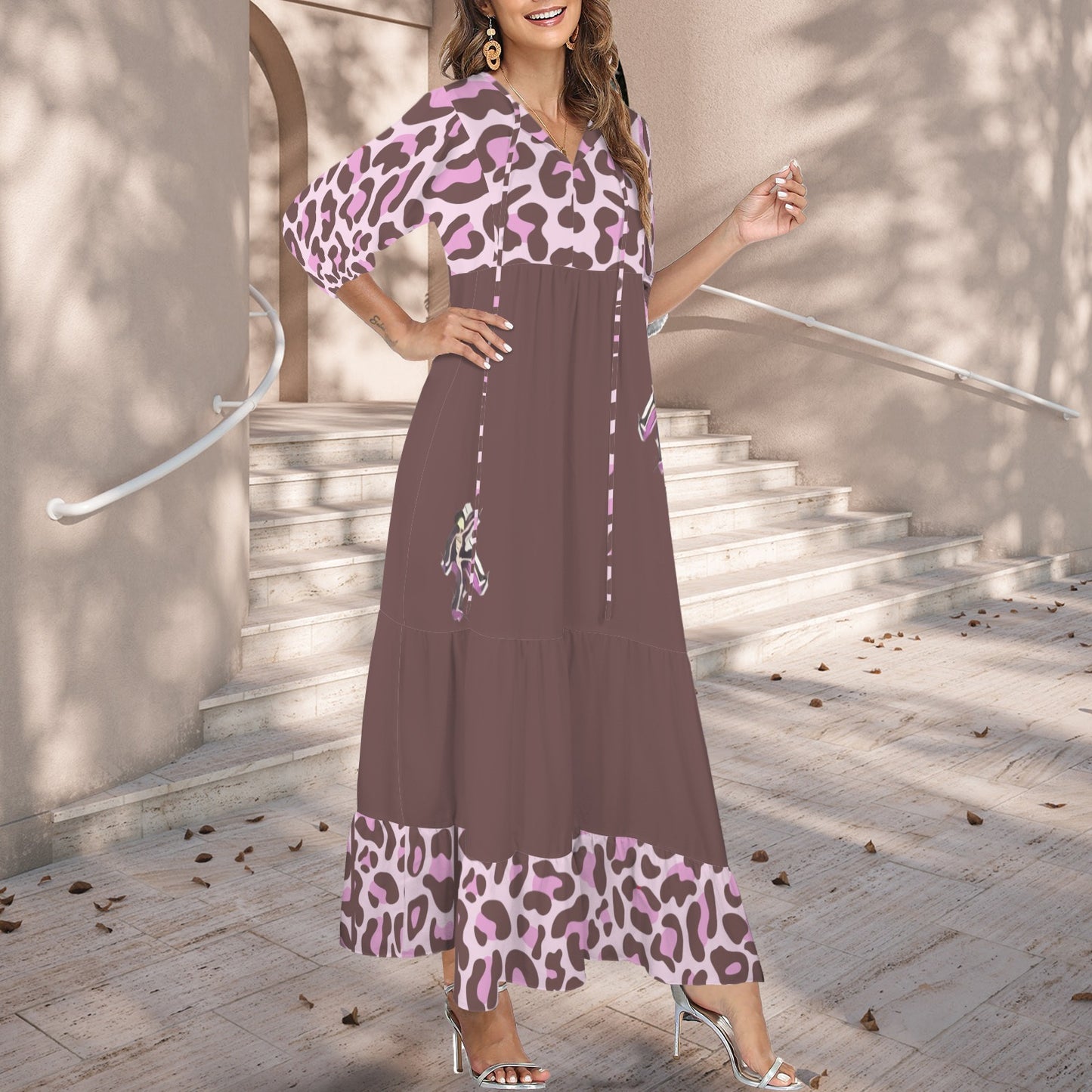 Caution Jimmy Cat Long Dress Leopard Brown Pink