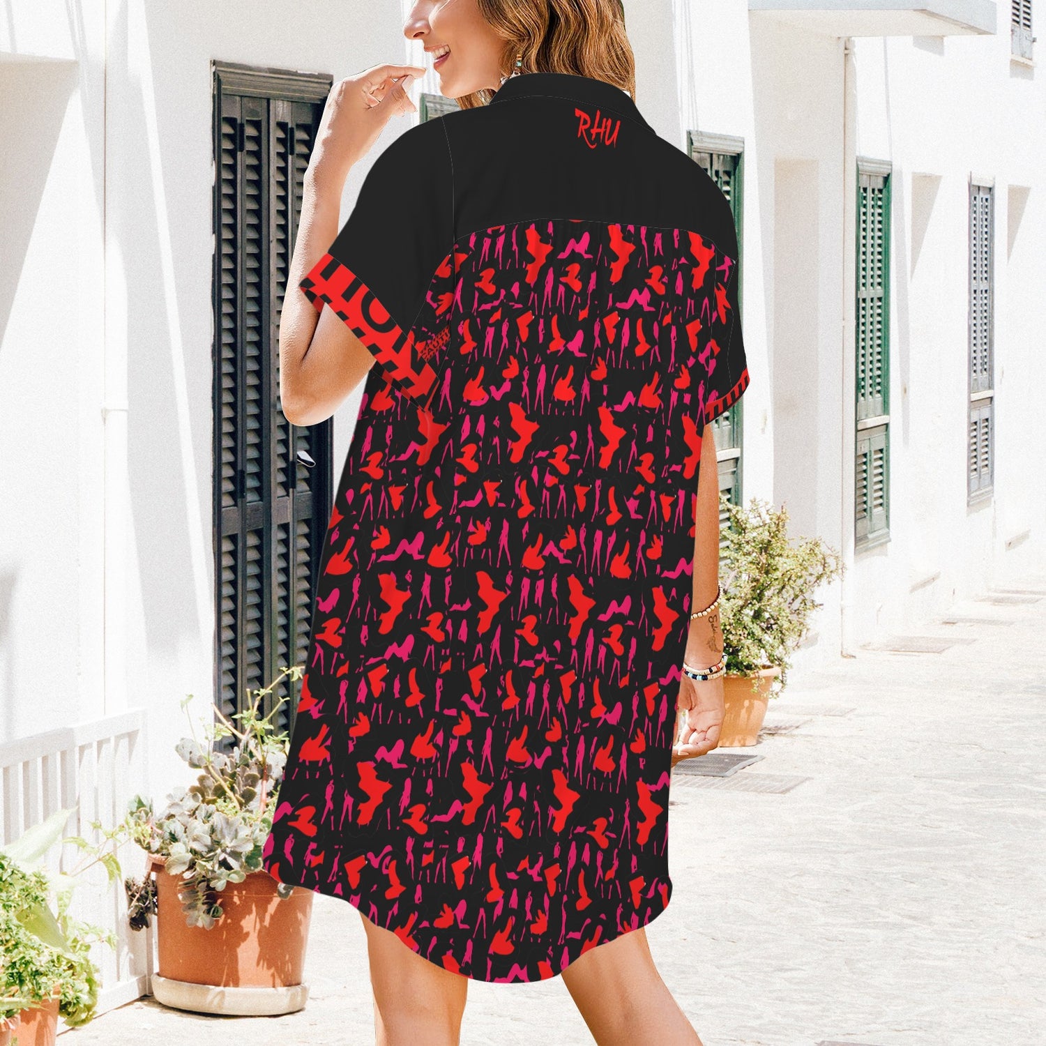 Caution Mosquitoes T Shirt Dress Magenta Red Black Buttons