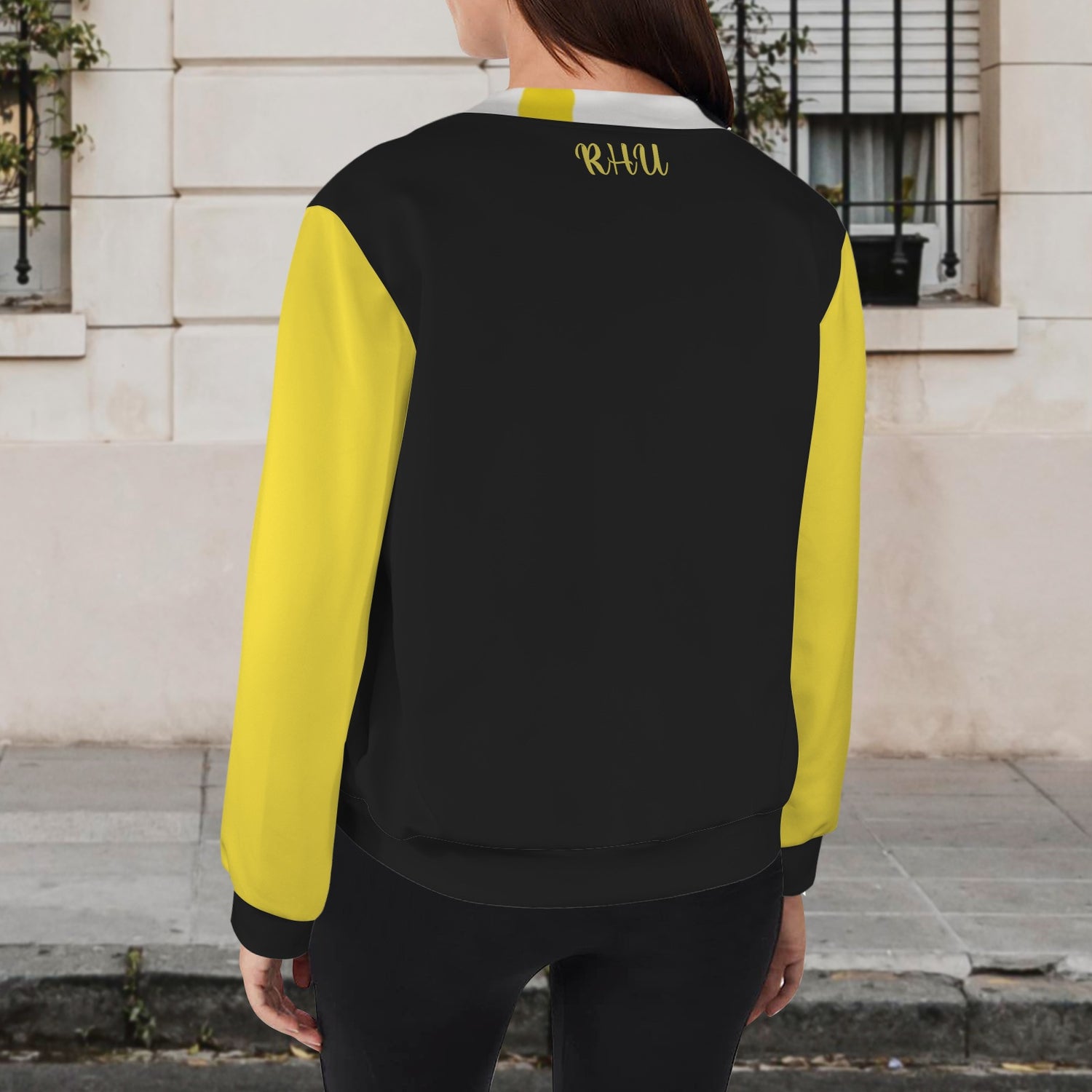 LINFA Bomber Jacket Print Front  - Black Zip Yellow Sleeve