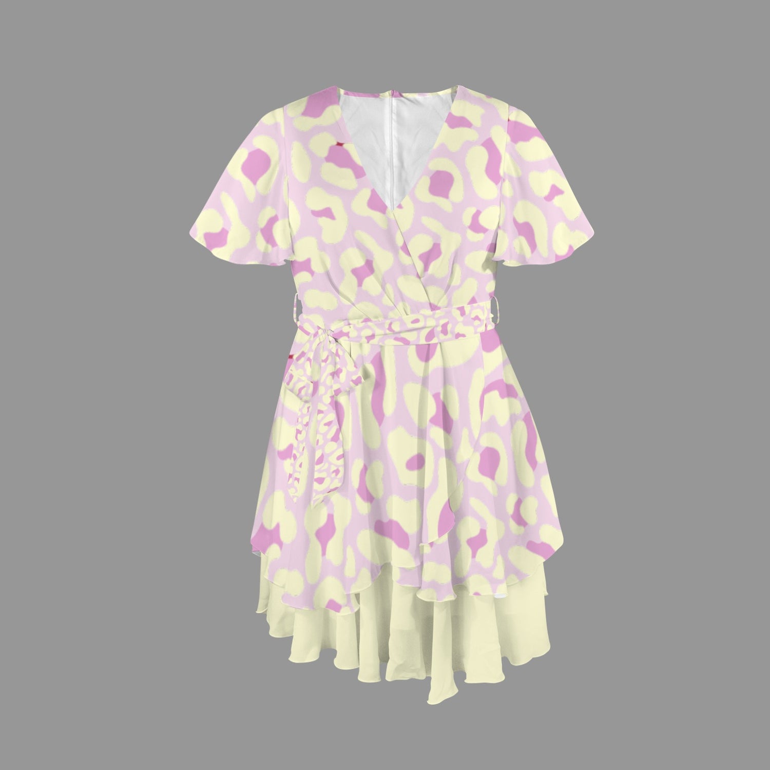Leopard Tie V Neck Dress Light Yellow Pink