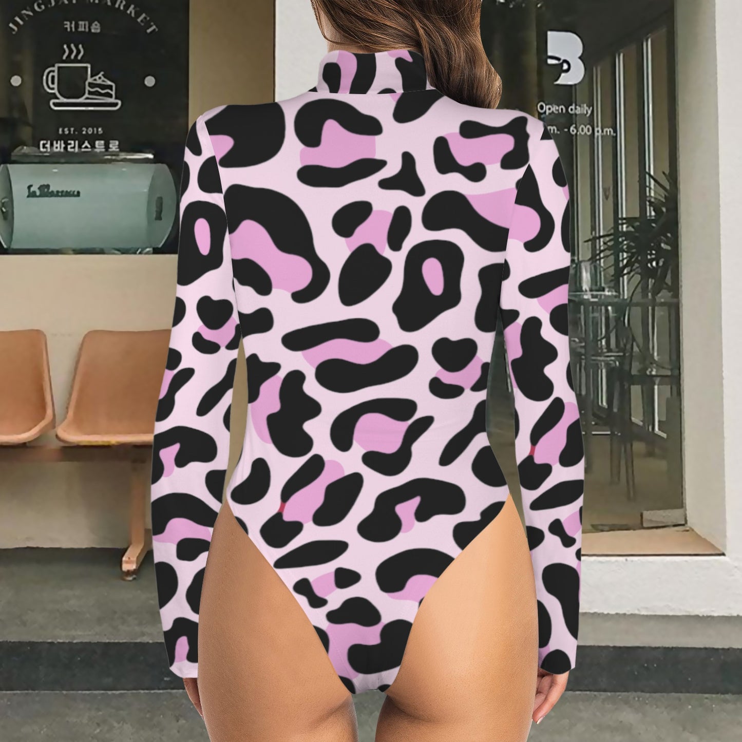 Leopard Long Sleeve Bodysuit Black Pink