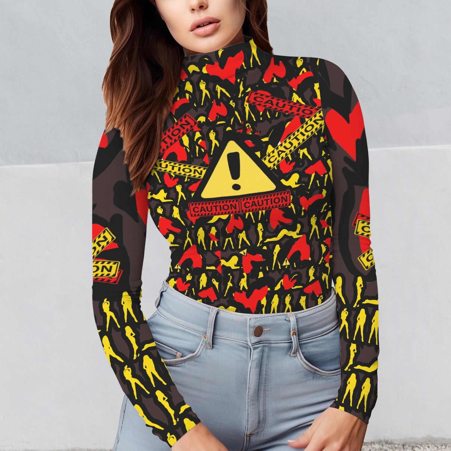 CAUTION Long Sleeve Turtleneck Brown Shirt TB Hearts Mosquitoes Small SIGN