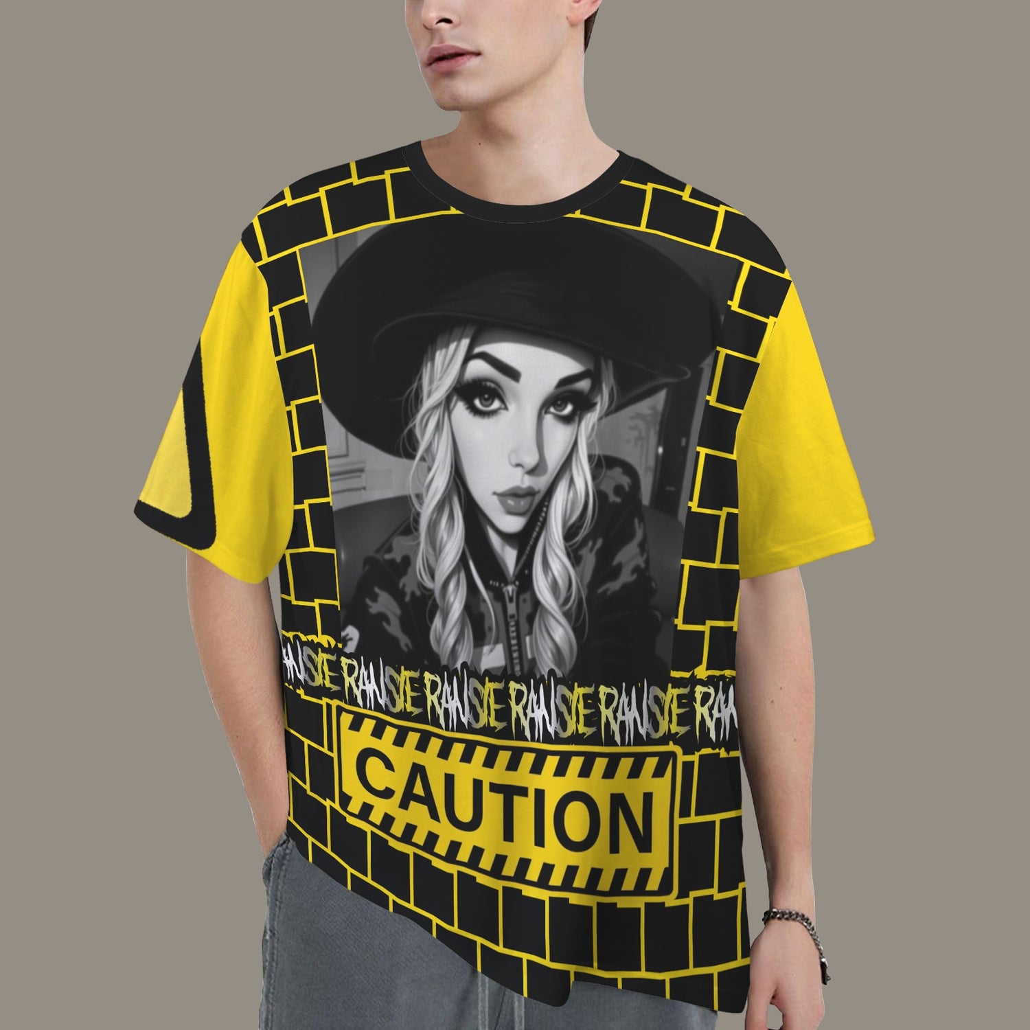RANSIE CARTOON B/W CAUTION T-SHIRT - YELLOW SLEEVE SIGN