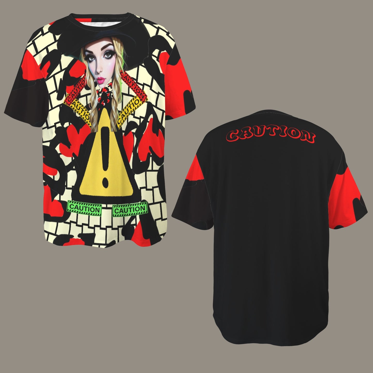 RANSIE CARTOON CAUTION YELLOW WALL HEARTS T-SHIRT - Caution