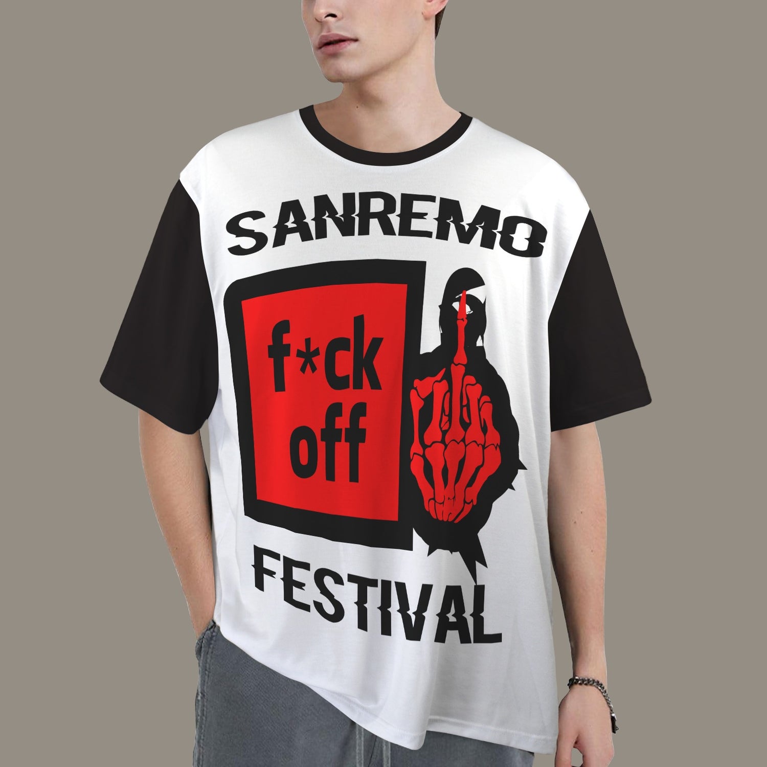 FUCK OFF SANREMO FESTIVAL DISTRESSED T-SHIRT BLACK WHITE