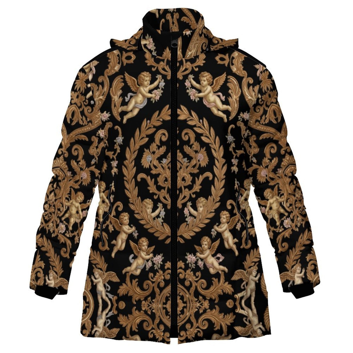 All-Over Print Women's Stand Collar Hooded Zipper Puffer Coat