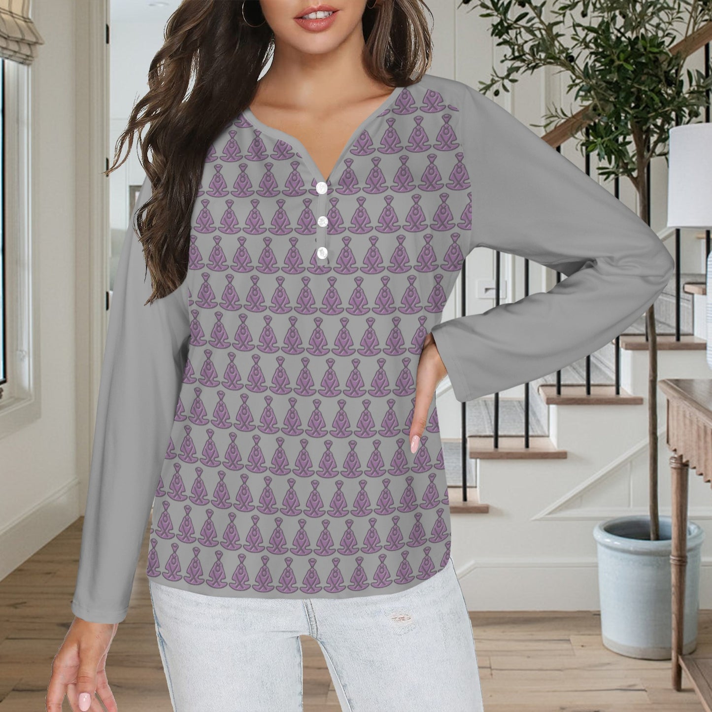 Buddha Pattern Long Sleeve Shirt Button Grey