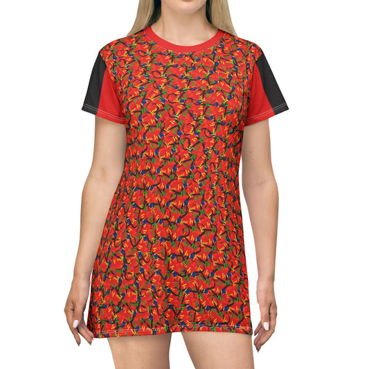 LINFA Chaos In The Heart T-Shirt Dress Red Black Sleeves