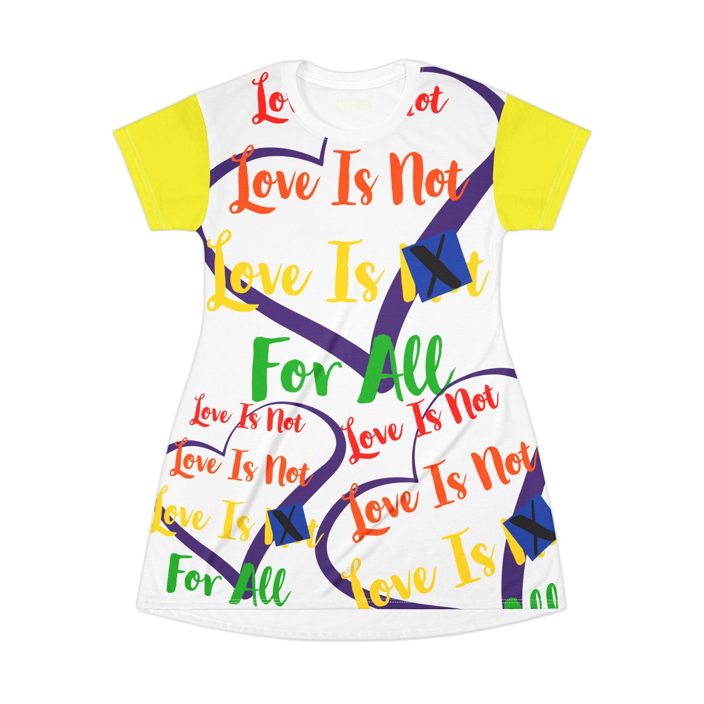 Human Rights LINFA All Over Print T-Shirt Dress White Yellow Sleeves